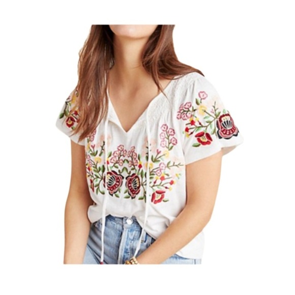 Anthropologie Tops - Anthropologie Embroidered Floral White Top Women’s Size XS